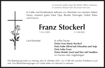 Traueranzeige von Franz Stockerl von Pegnitz-Zeitung